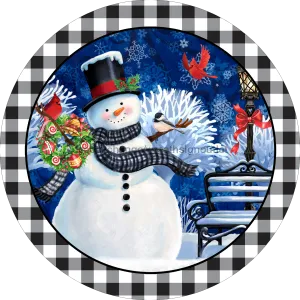 Christmas Sign, Black and White Snowman, 10" Round,  VINYL-DECOE-124, Sign For Wreath, 10" Vinyl Round