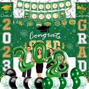 HIPEEWO Graduation Decorations 2023 - Graduation Party Supplies Include Congrats Grad Banner, Backdrop, Porch Sign, Balloons, Hanging Swirls, High School College Graduation Party Decorations | Green