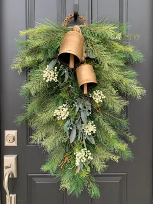 Holiday Pine Swag Teardrop Wreath with White Berries and Hanging Bells