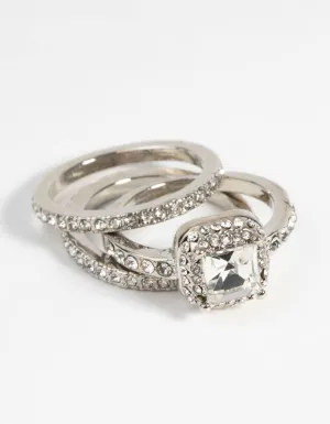 Silver Cushion Diamante Ring Stack